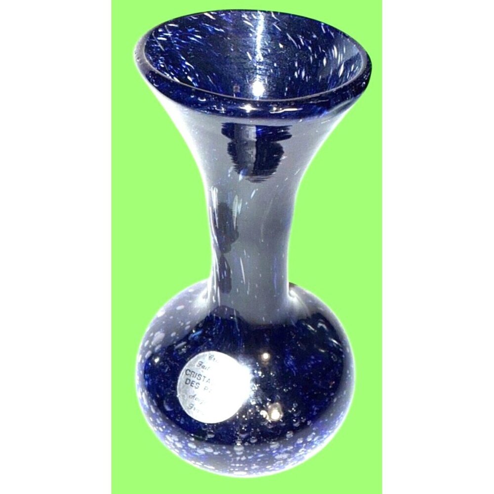 Handcrafted Cristallerie Des Papes Blue Speckled Glass Vase - 6.5" Tall Narrow N